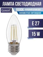 General филамент свеча E27 15W 6500K 6K 35x98 (нитевидная), прозр. GLDEN-CS-15-230-E27-6500 661421