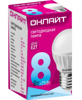 ЛАМПА СВЕТОДИОДНАЯ (LED)  "ОНЛАЙТ" G45  ШАР  08W 4000 К  E27. МАТОВ.. ХОЛ. СВЕТ (10/100)  71 627