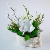 Композиция/цветы 183 Новый год Заяц с цветком зеленый/белый 180х120х70