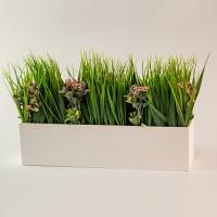 Композиция/цветы 254 Спирей розовый+осока/ящик белый 350x80x250